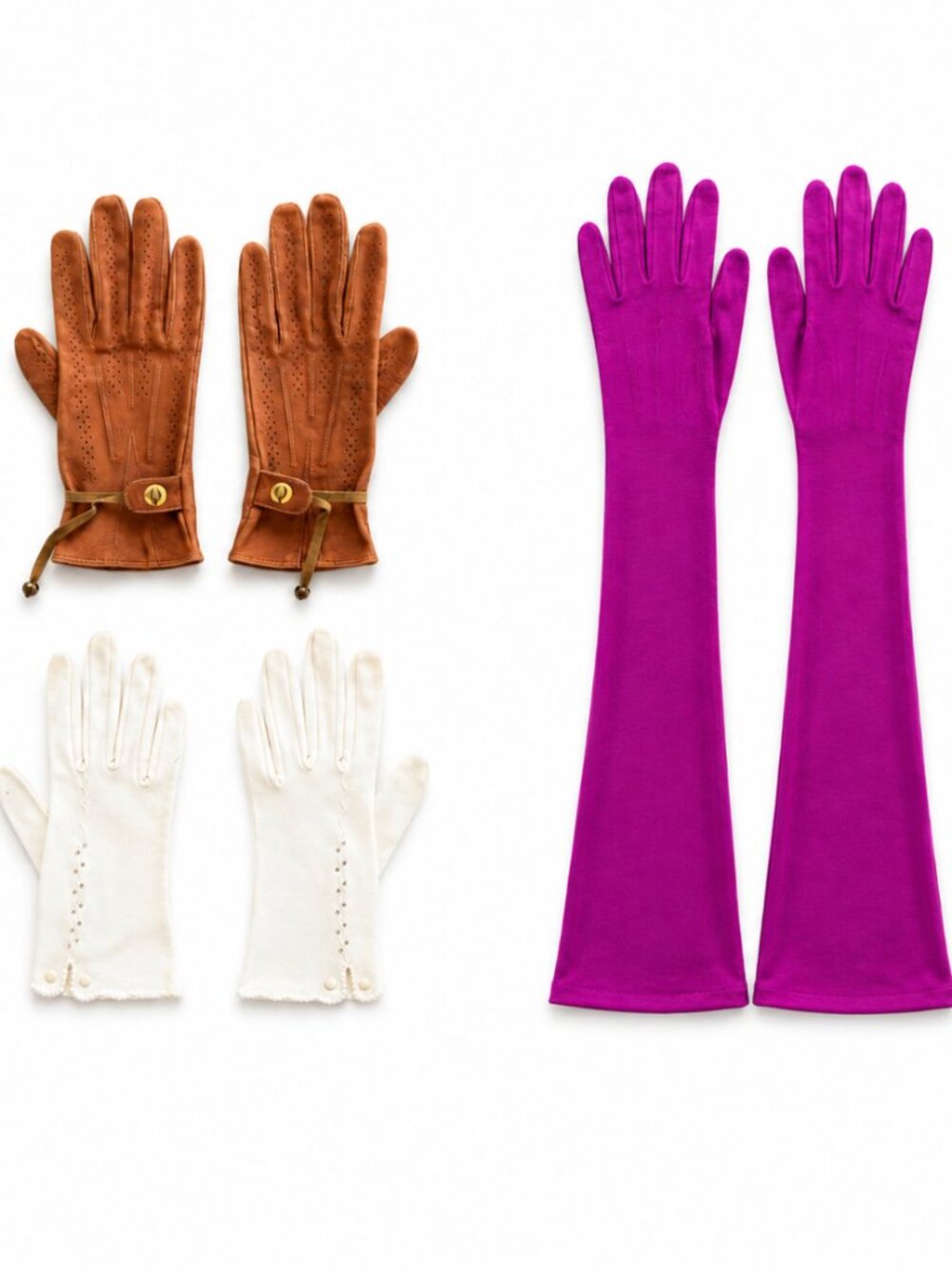 VINTAGE GLOVES 1950-60 Lot 3 Pairs Leather Driving White Beaded Wrist Long Opera